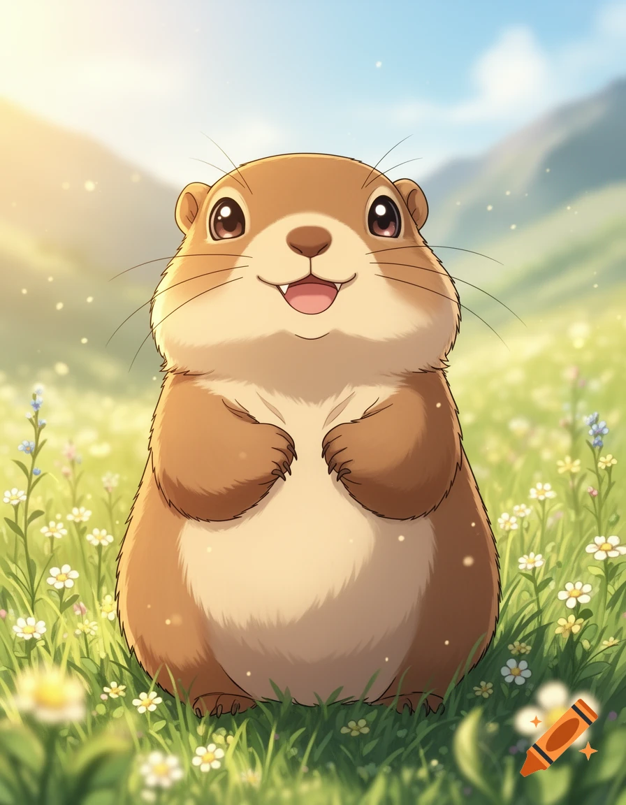 Animated smiling marmot standing in a grassy field with wildflowers under a sunny sky.