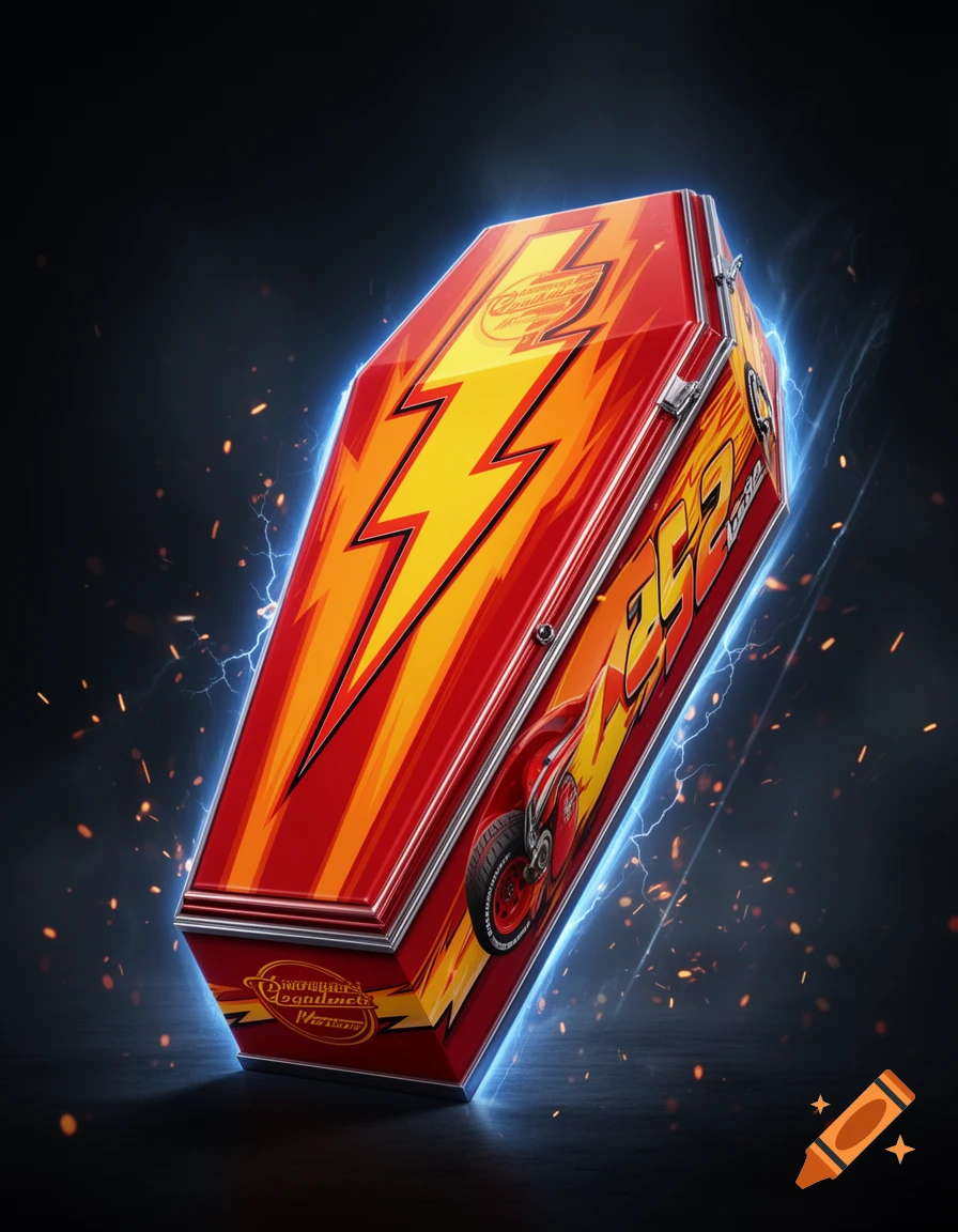 A stylized red coffin decorated with Lightning McQueen racing graphics, lightning bolts, and glowing blue energy on a dark background.
