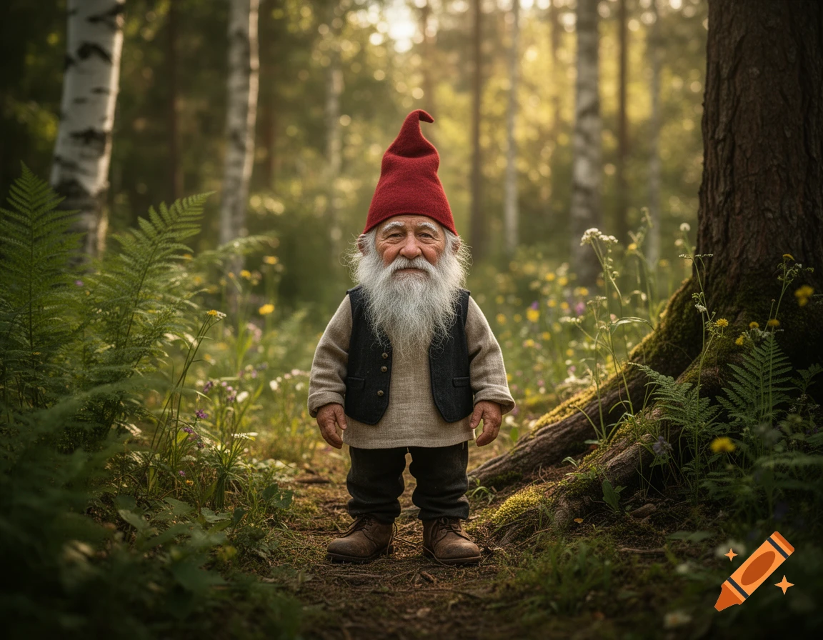 A small gnome with a red hat and long white beard standing in a lush, green forest.