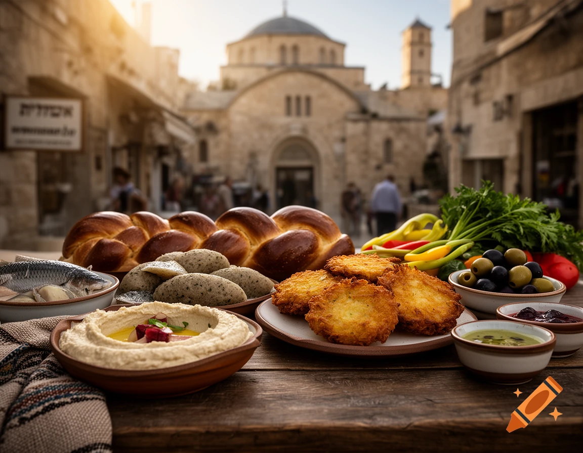 Photorealistic image of a wooden table laden with traditional Jewish dishes including challah, latkes, hummus, and gefilte fish in an old street setting.