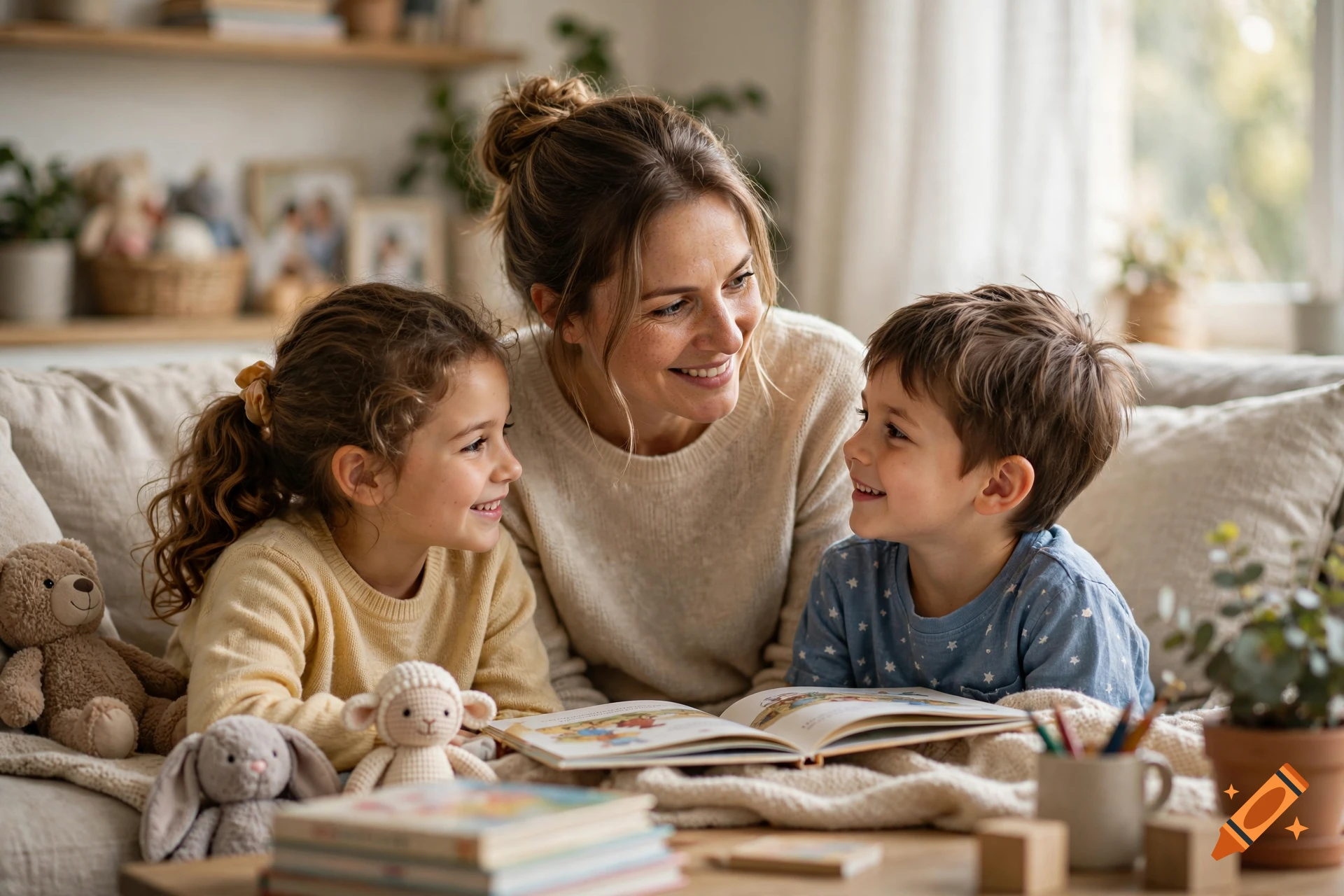 Photorealistic scene of a smiling mother reading a book with her young son and daughter on a sofa.