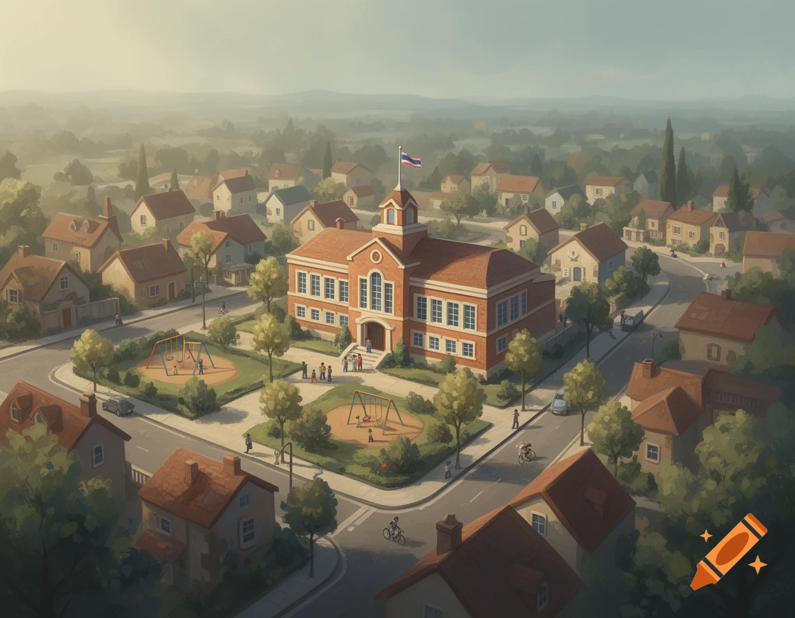 Painted aerial view of a small town with a central brick school building, playgrounds, and residential houses, in an illustrative style.