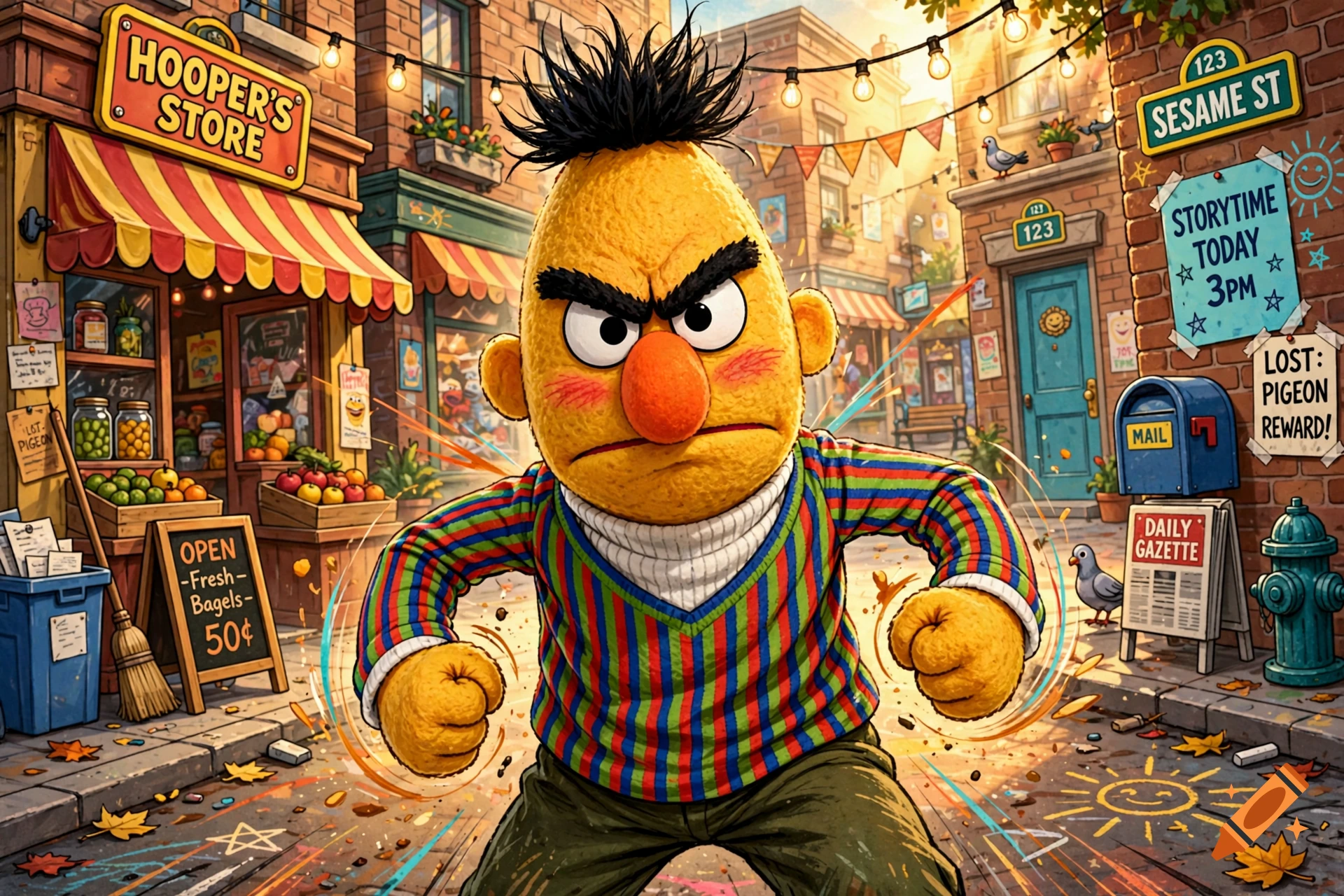 Animated illustration of an angry Bert from Sesame Street standing in the middle of a street with shops.