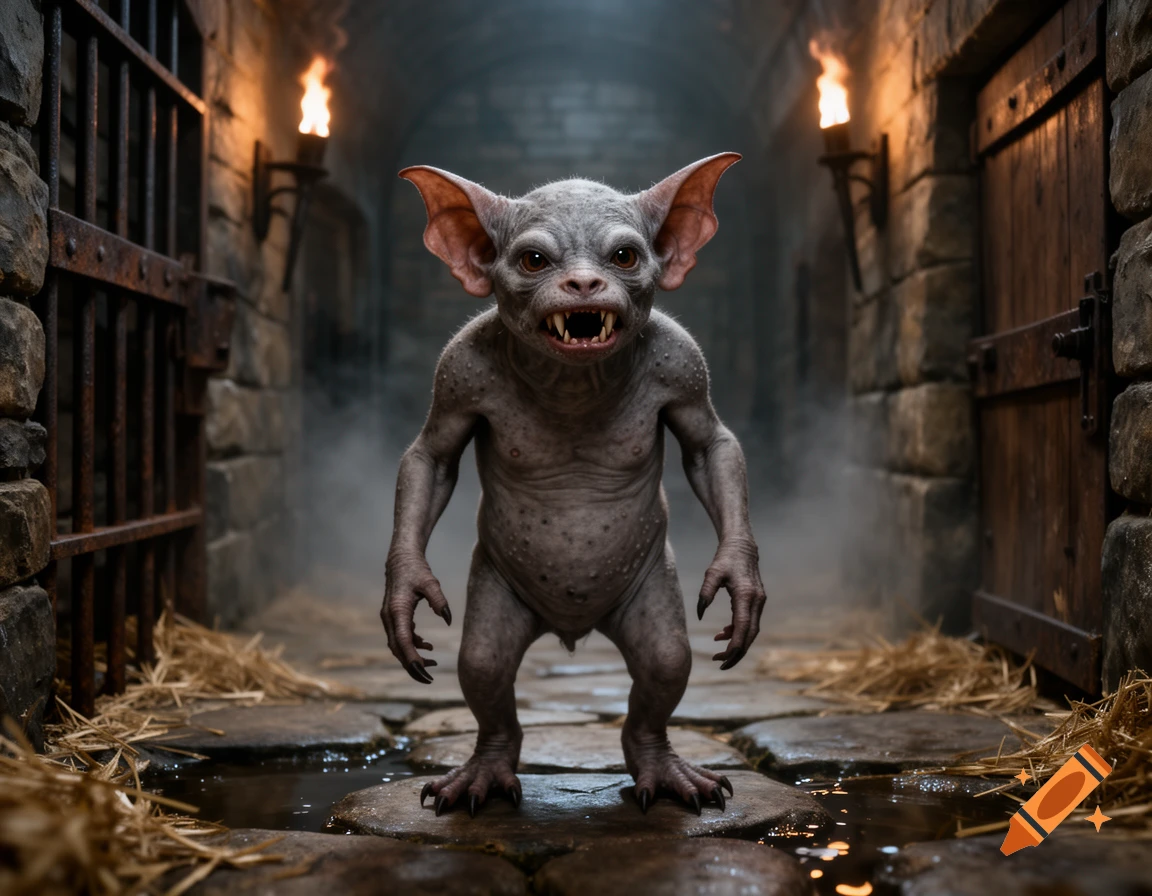 Photorealistic small bat-faced creature standing in a torchlit stone dungeon corridor with straw on the floor.
