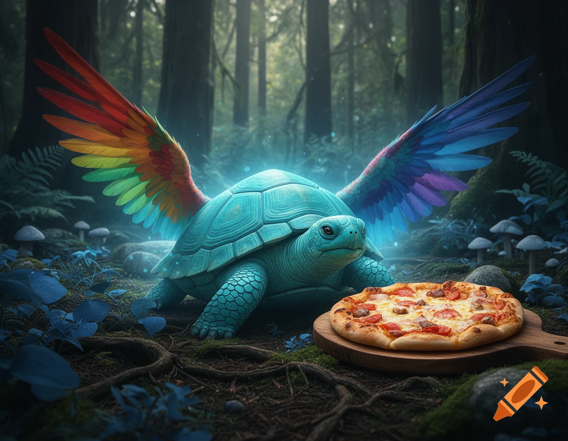 A turquoise turtle with colorful parrot wings in a forest, looking at a pizza on a wooden board.