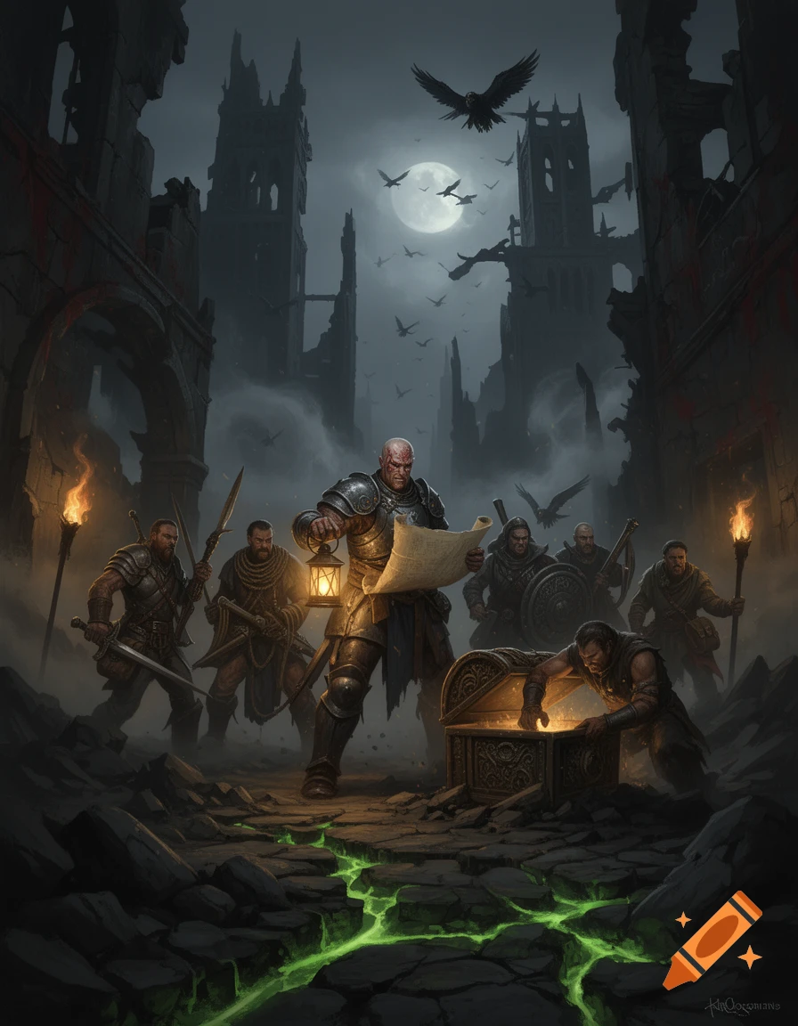 Dark fantasy digital illustration of a group of mercenaries searching through ruins with torches, a treasure chest, and a glowing green fissure.