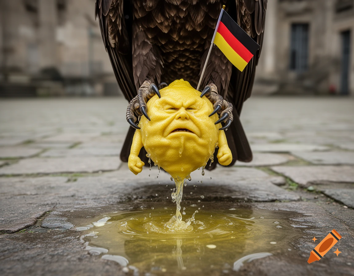 An eagle holding a frowning lemon with arms and legs, squeezing juice onto the ground next to a German flag.