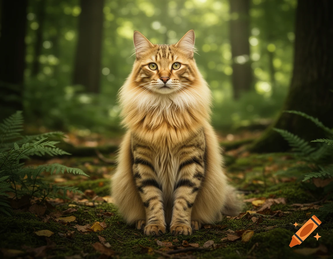 Photorealistic image of a fluffy golden tabby cat sitting on moss and leaves in a lush green forest.