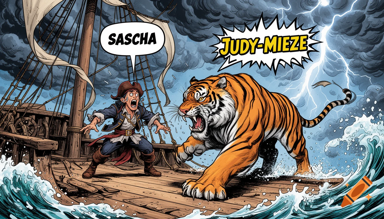 A comic-style illustration of a terrified pirate on a ship's deck facing a fierce tiger amid stormy waves.