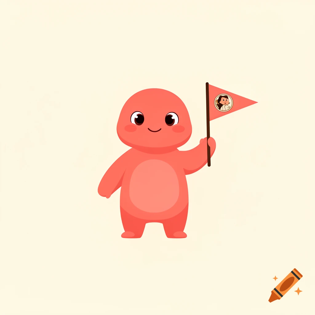 Flat vector illustration of a friendly pink creature with large eyes holding a small triangular flag on a light background.