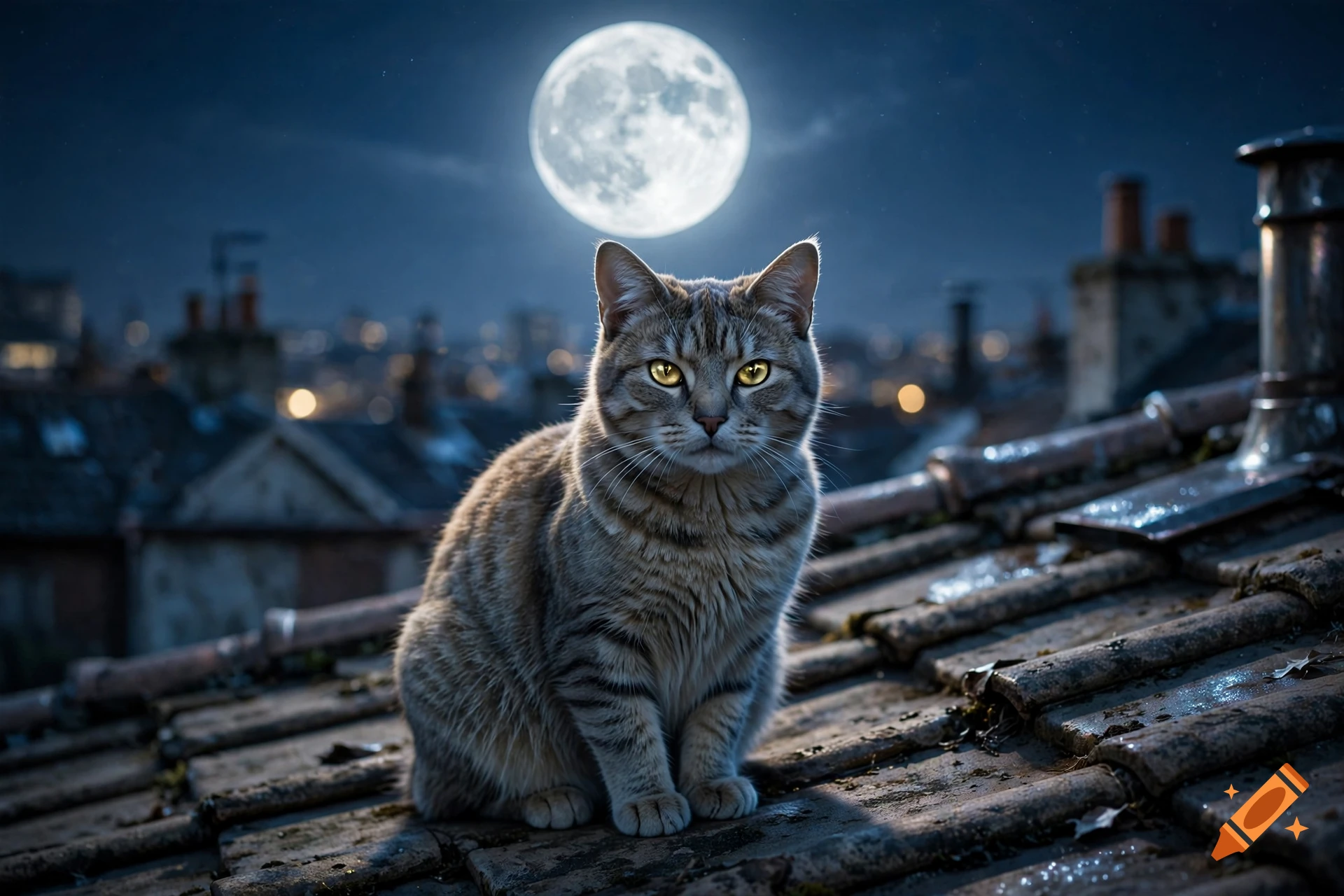 A photorealistic tabby cat with yellow eyes sitting on a tiled roof under a full moon at night.