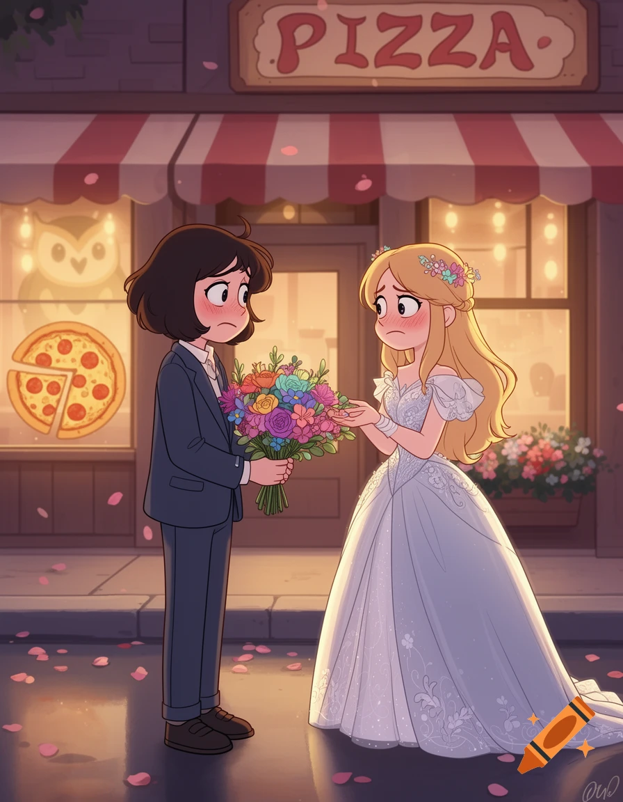 Animated style illustration of two characters blushing while standing outside a pizza restaurant, one holding a flower bouquet.