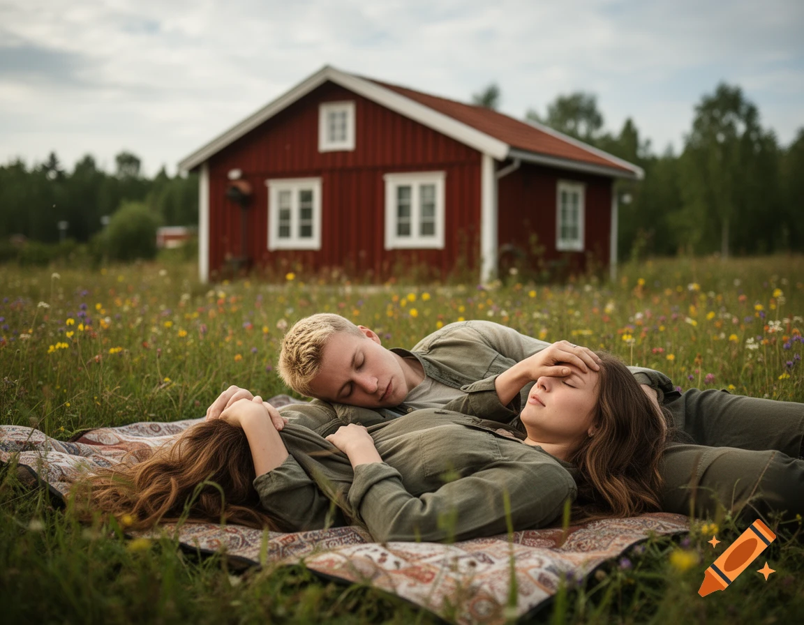 Photorealistic image of a young couple lying on a picnic blanket in a meadow with wildflowers in front of a red Swedish house.