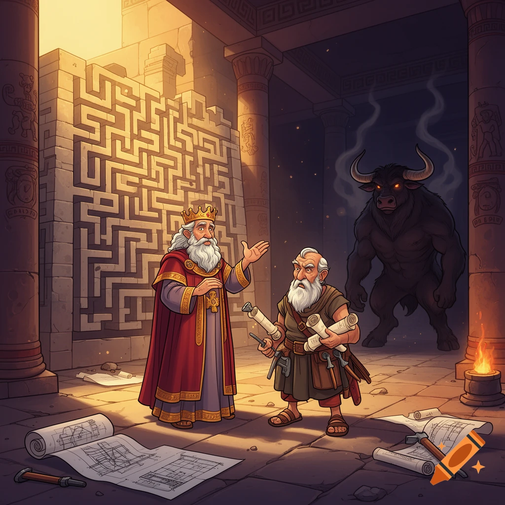 Cartoon illustration of King Minos and Daedalus talking in a labyrinth with a minotaur watching in the background.