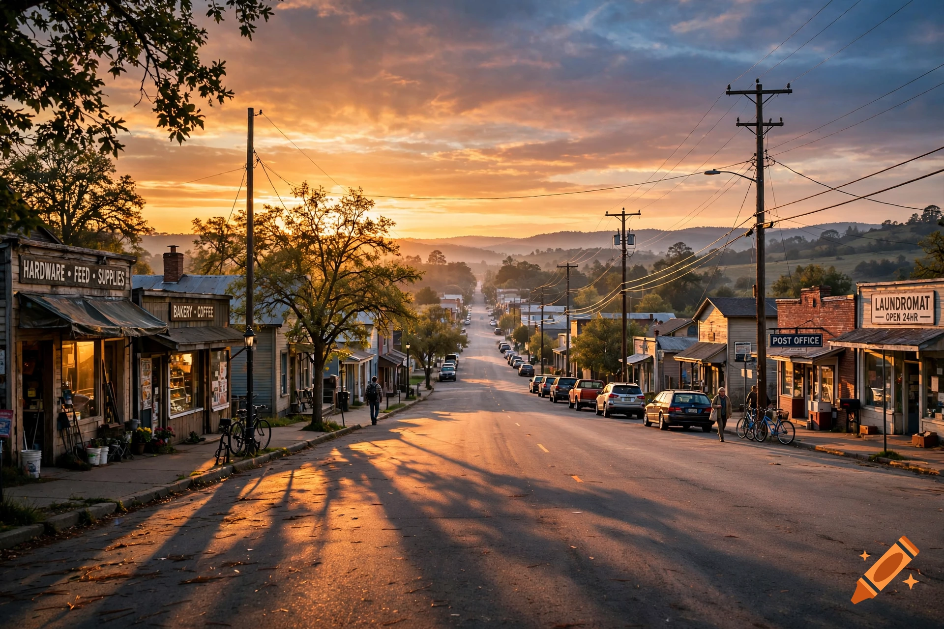 Photorealistic sunset view down the main street of a historic small town with shops, cars, and warm lighting.