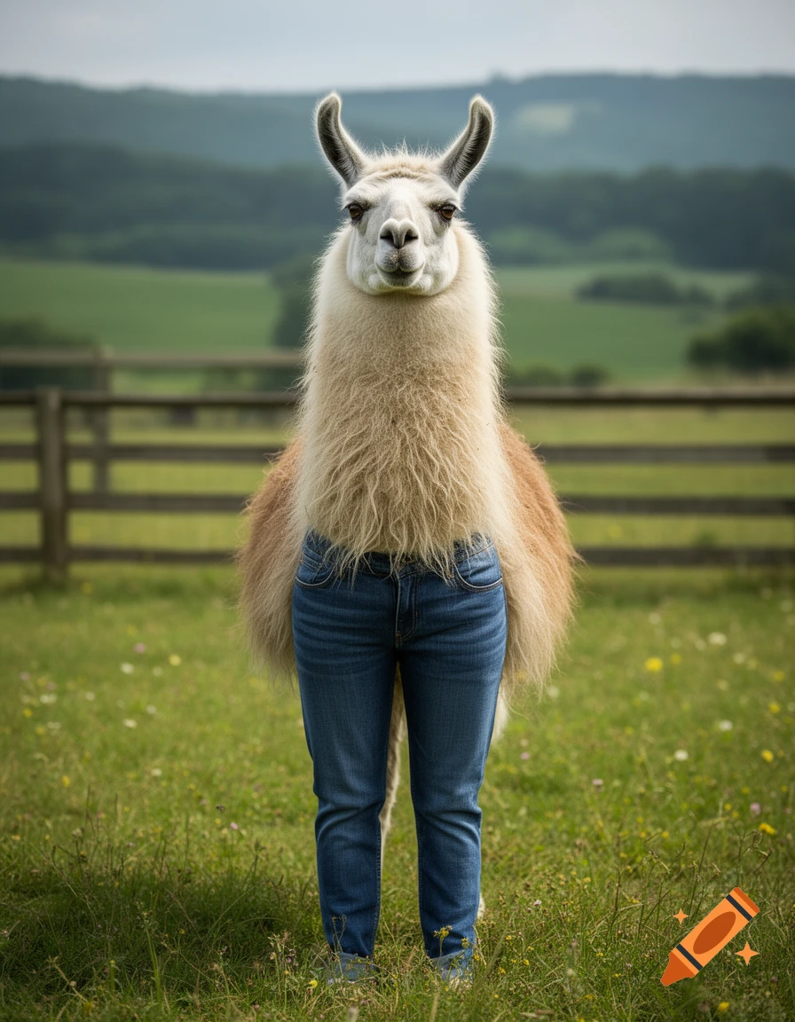 Photorealistic image of a fluffy white llama standing in a green field wearing blue jeans.