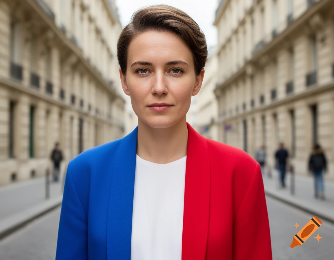 Photorealistic portrait of a person with short brown hair wearing a jacket colored in blue, white, and red, standing on a city street.