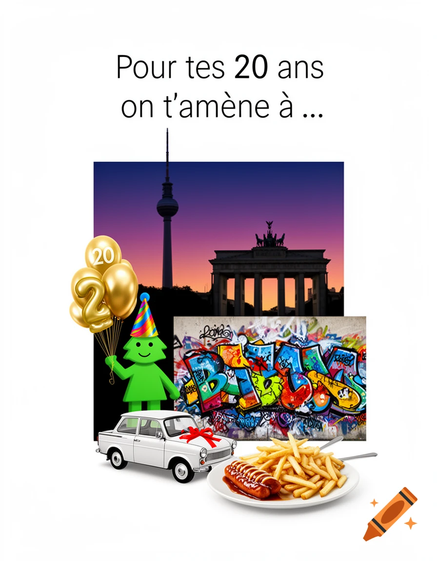 A vertical birthday card design with French text, featuring a collage of Berlin landmarks, a party-hat-wearing green character with 20 balloons, a Trabant car, and currywurst.
