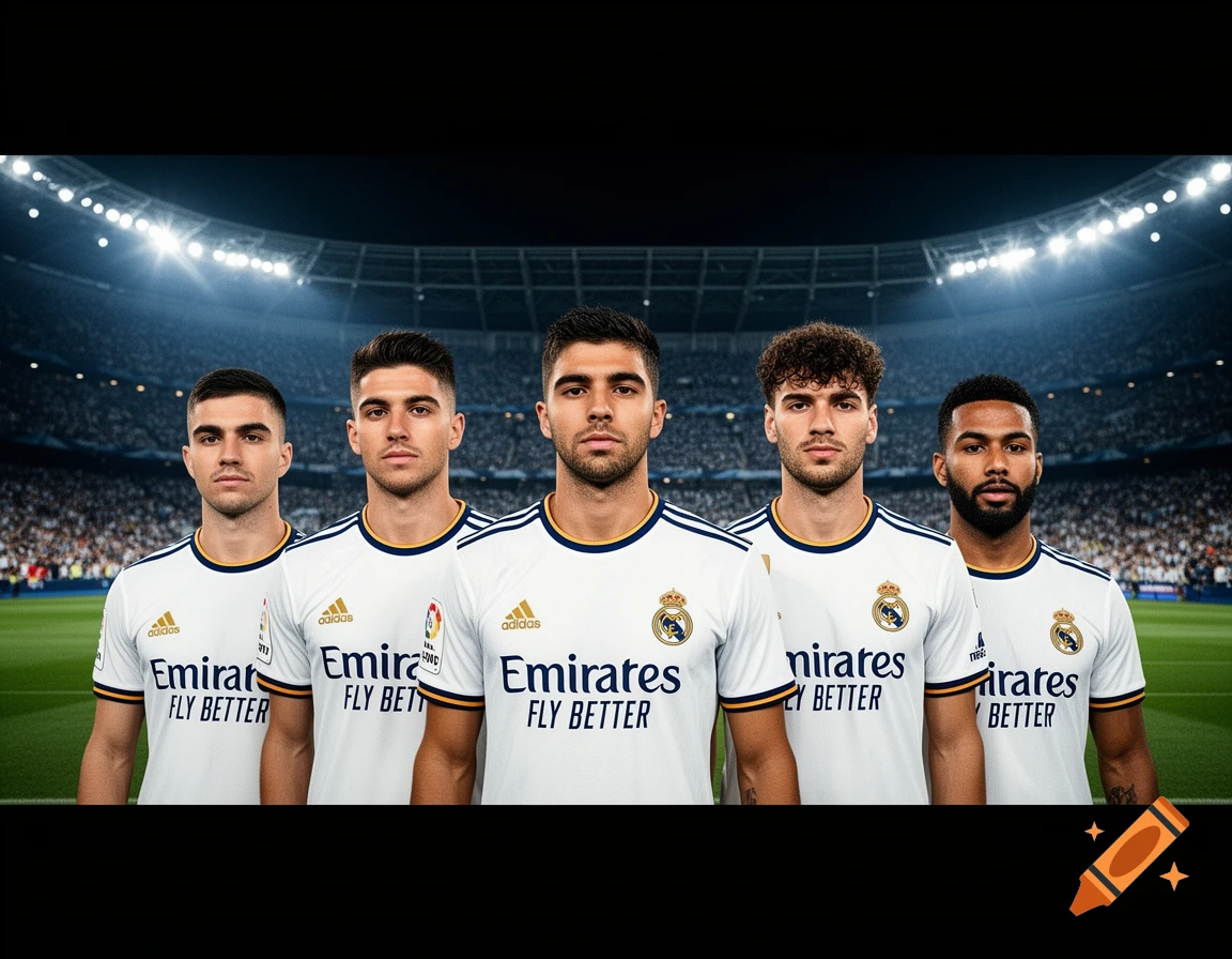 Five Real Madrid football players in white jerseys standing in a row inside a lit stadium.