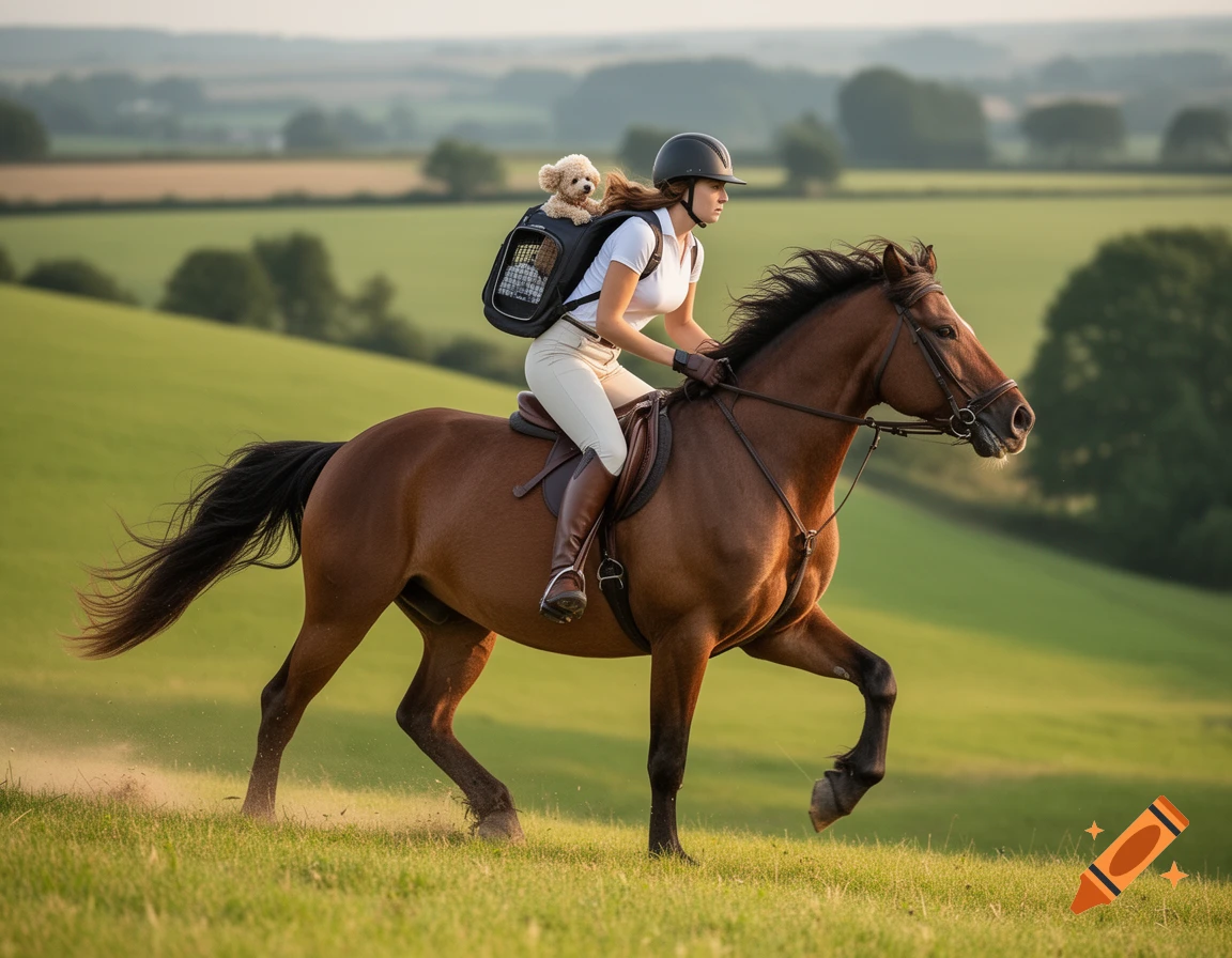 Photorealistic image of a woman in riding gear galloping a brown horse across a grassy hill, wearing a backpack with a toy poodle inside.
