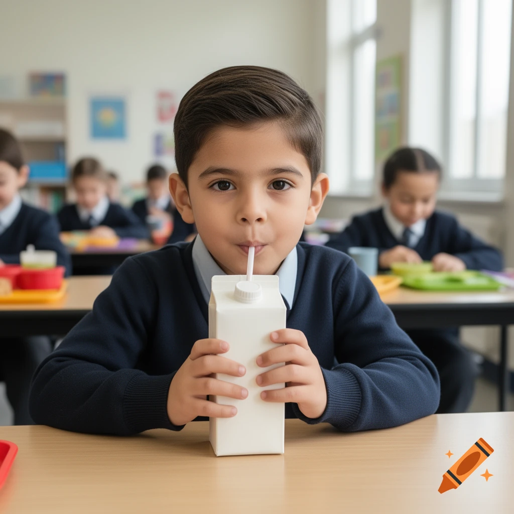 An elementary school student sitting at a desk in a classroom, drinking milk from a carton through a straw. Photorealistic style.