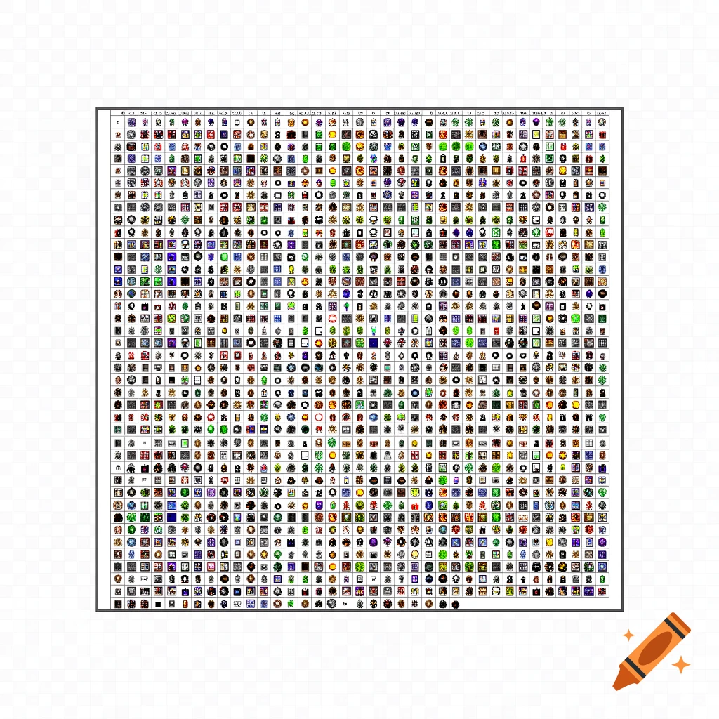 A grid table of tiny pixel art sprites and icons for a roguelike game.