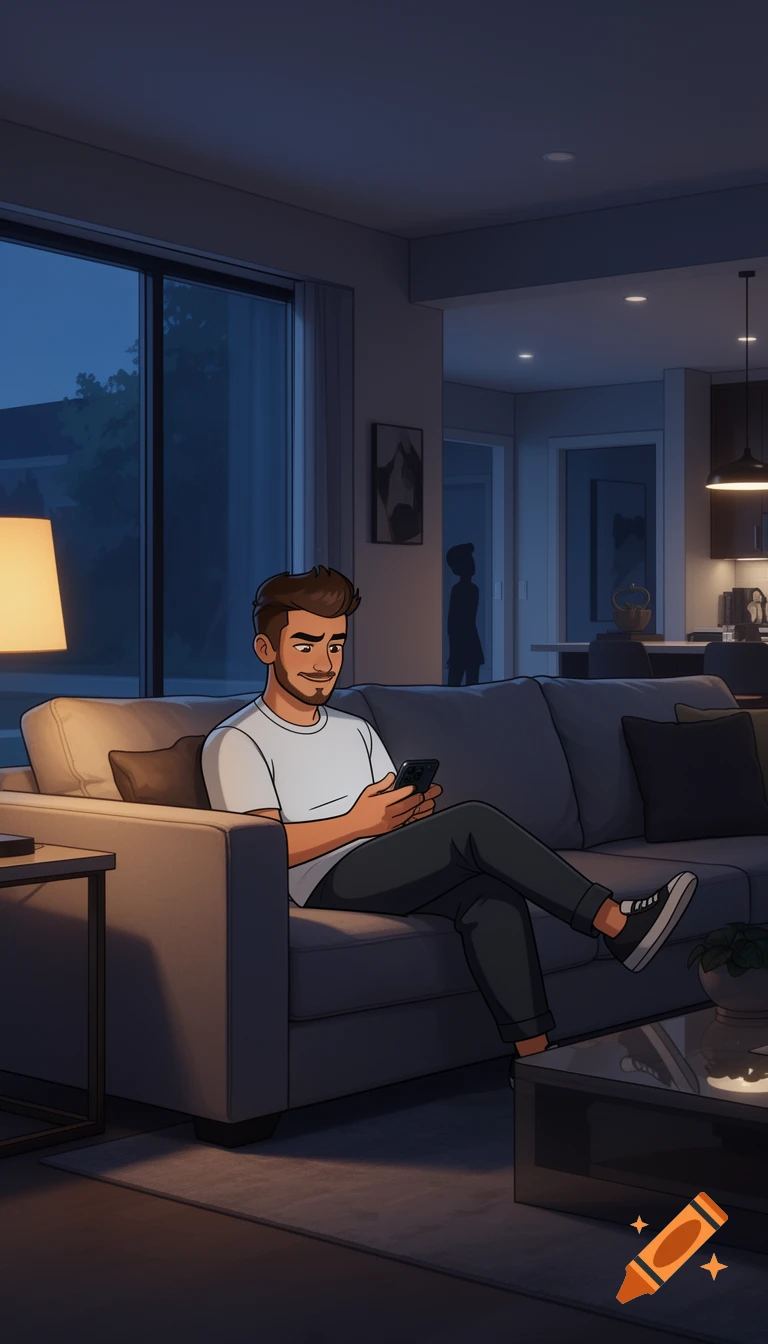 2D animated style illustration of a young man relaxing on a couch at home in the evening, scrolling on his phone.