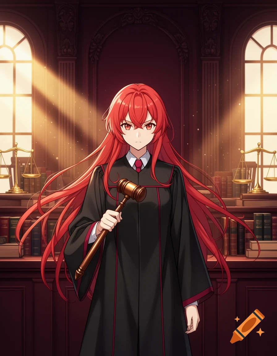 Anime style illustration of a young female judge with long red hair holding a wooden gavel in a courtroom.