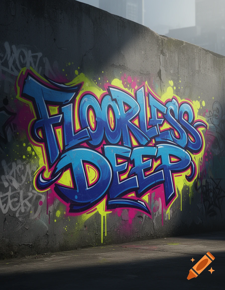 Graffiti tag reading FLOORLESS DEEP in blue and pink letters on a concrete wall.