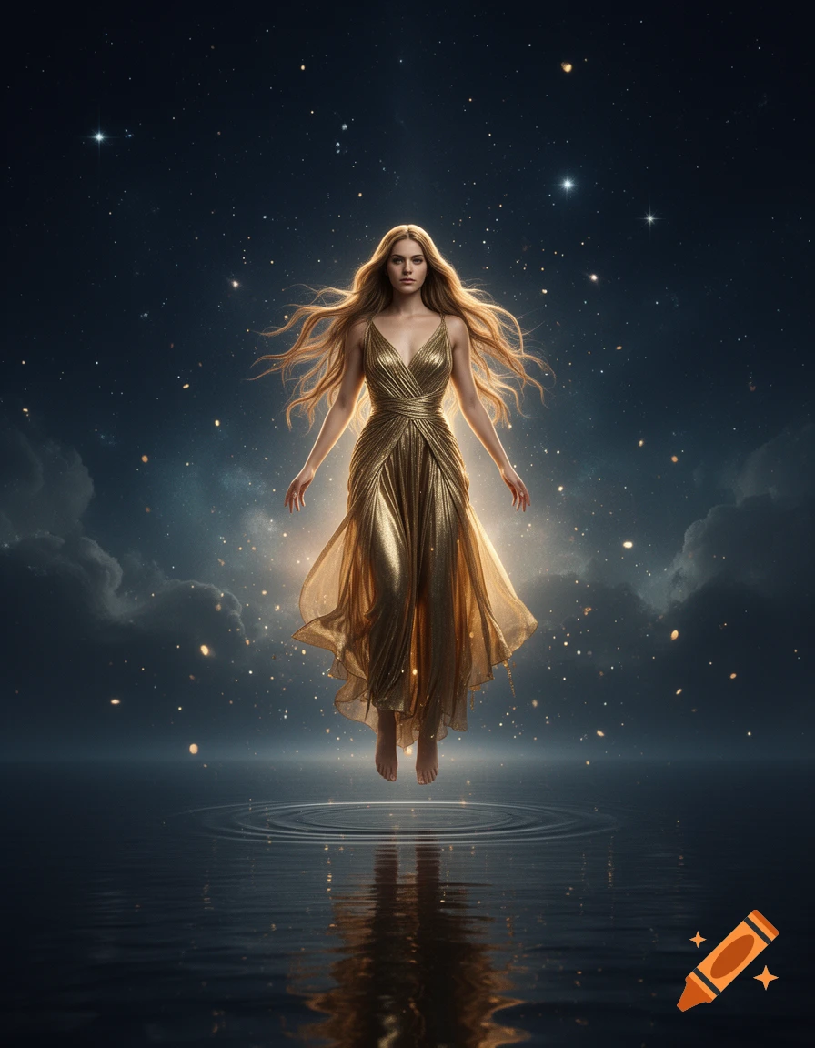 A glowing golden goddess floating above water in a starry night sky with shimmering light particles.