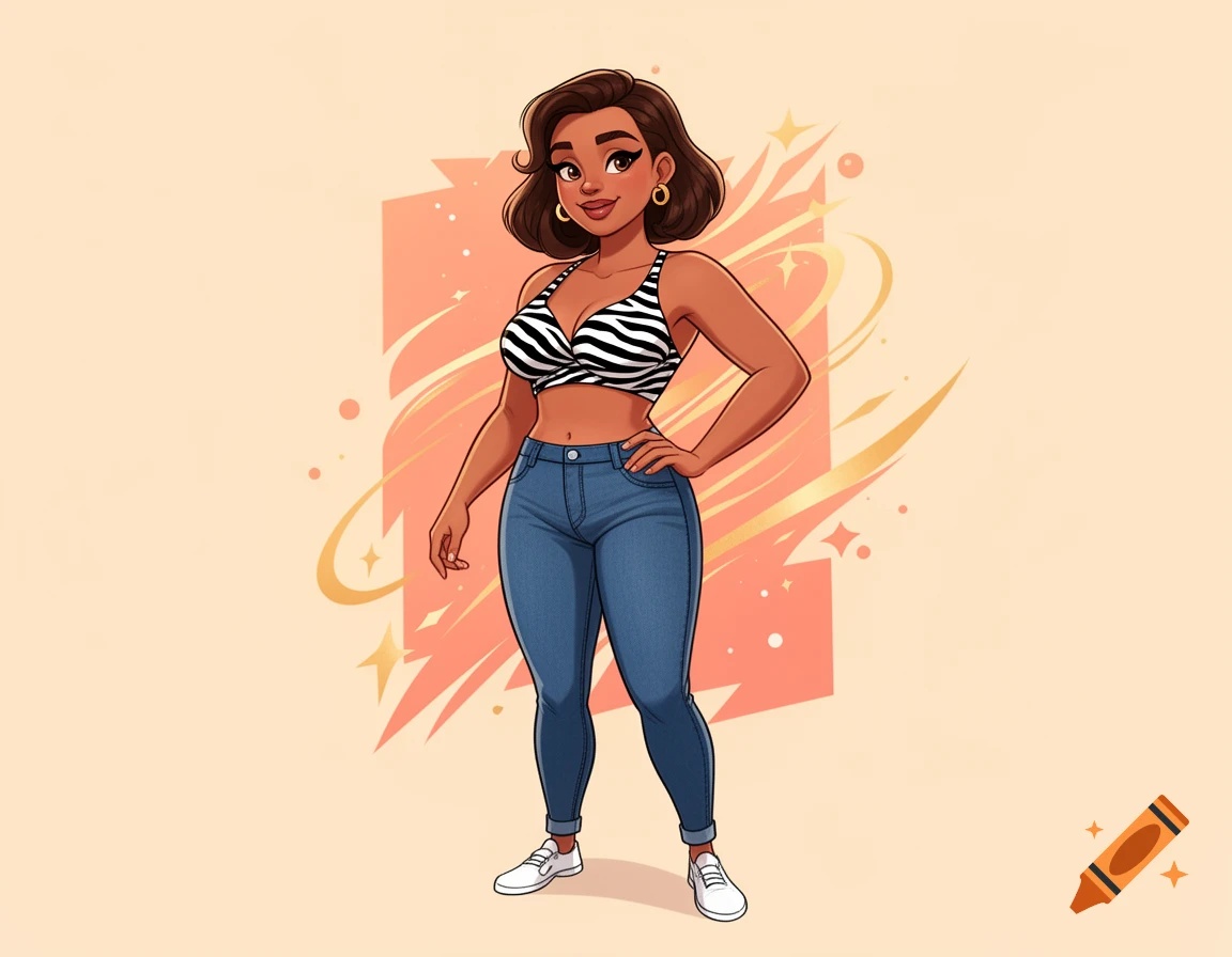 Digital cartoon illustration of a smiling woman with brown hair, wearing a zebra-print crop top, blue jeans, and white sneakers.