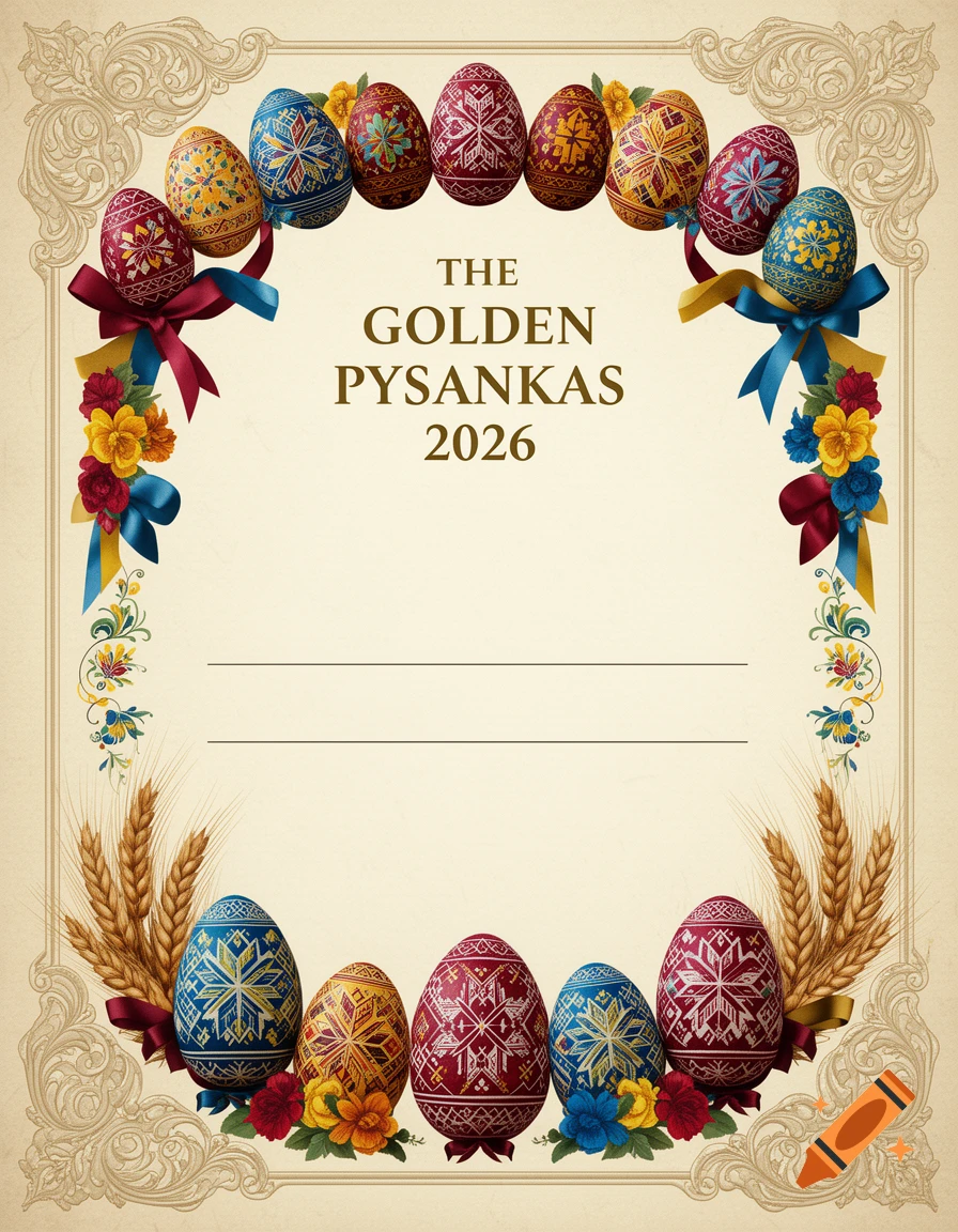 Decorative certificate template titled The Golden Pysankas 2026, framed with Ukrainian pysanky eggs, floral ornaments, ribbons, and wheat stalks.
