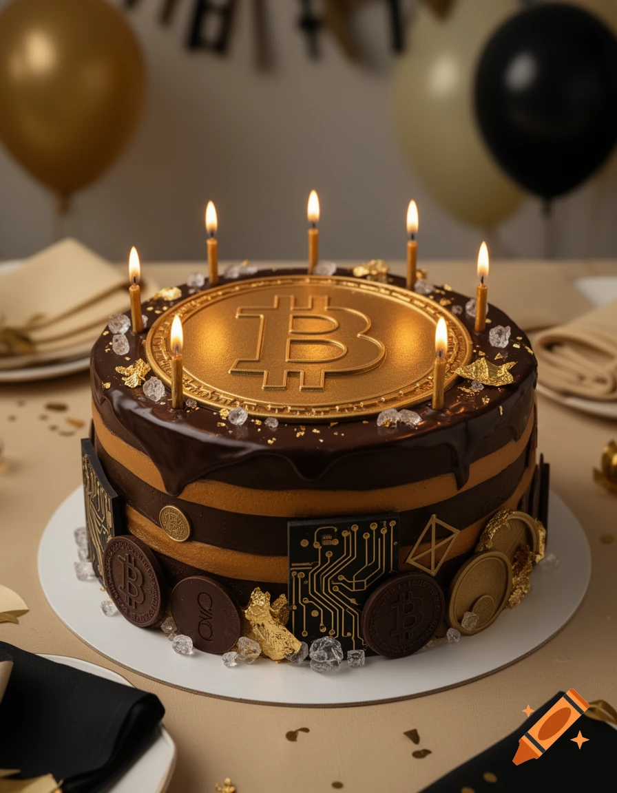 Photorealistic chocolate birthday cake with a large gold Bitcoin symbol on top, decorated with candles and gold flakes.