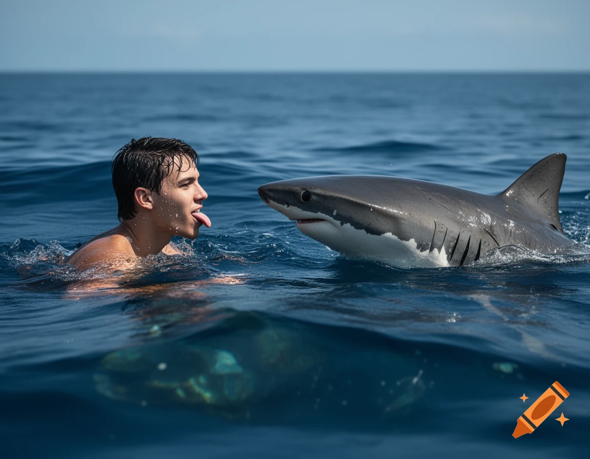 Photorealistic image of a young man swimming in the sea, sticking his tongue out at a great white shark surfacing nearby.