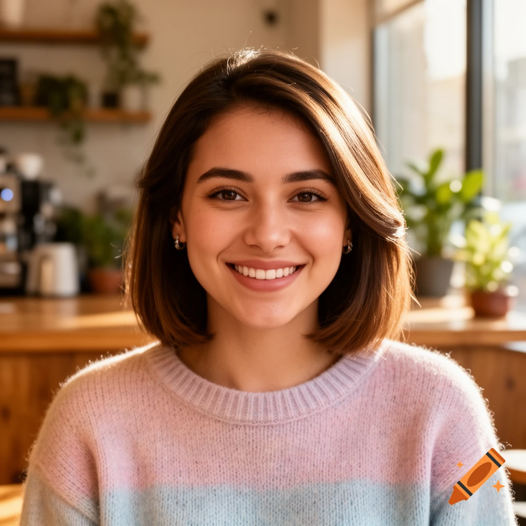 Close-up photorealistic portrait of a smiling young woman with short brown hair, wearing a pastel pink and blue sweater in a cafe.