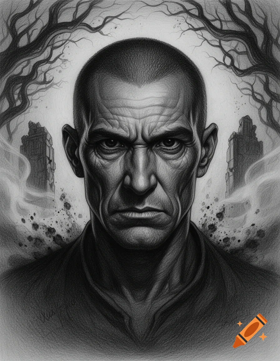Graphite drawing of a serious middle-aged man with closely cropped hair, piercing eyes, and wrinkled skin against a dark fantasy backdrop.