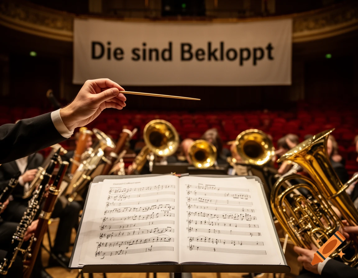 A conductor holding a baton in front of an orchestra with a banner reading 'Die sind Bekloppt' in the background.