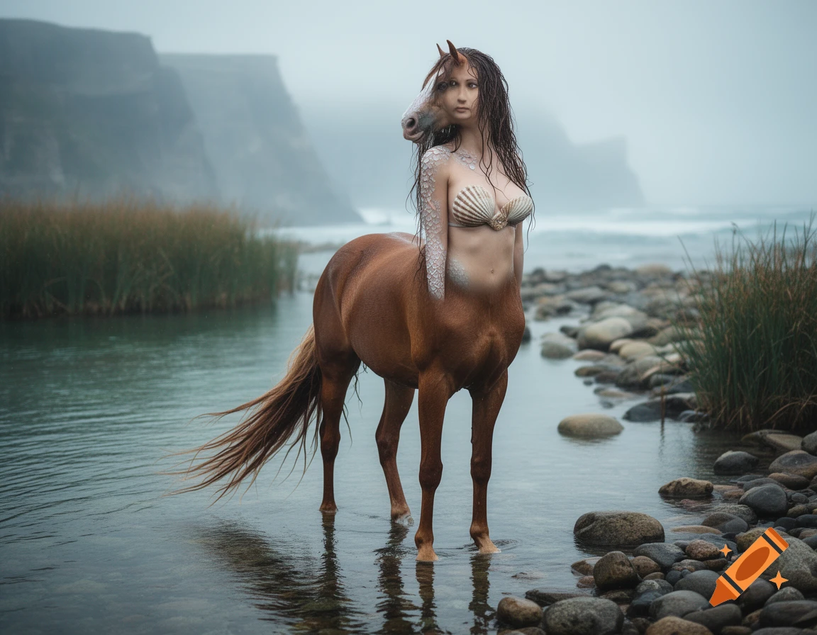 Photorealistic fantasy creature combining the body of a horse and the torso of a woman with a horse head, standing in a misty shallow body of water.