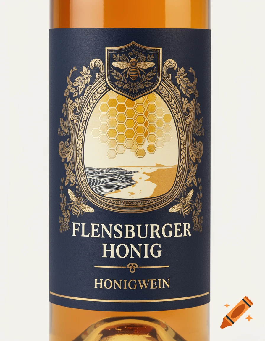 Close-up of a honey wine bottle with a navy blue label featuring gold bees, honeycomb, and the text FLENSBURGER HONIG HONIGWEIN.