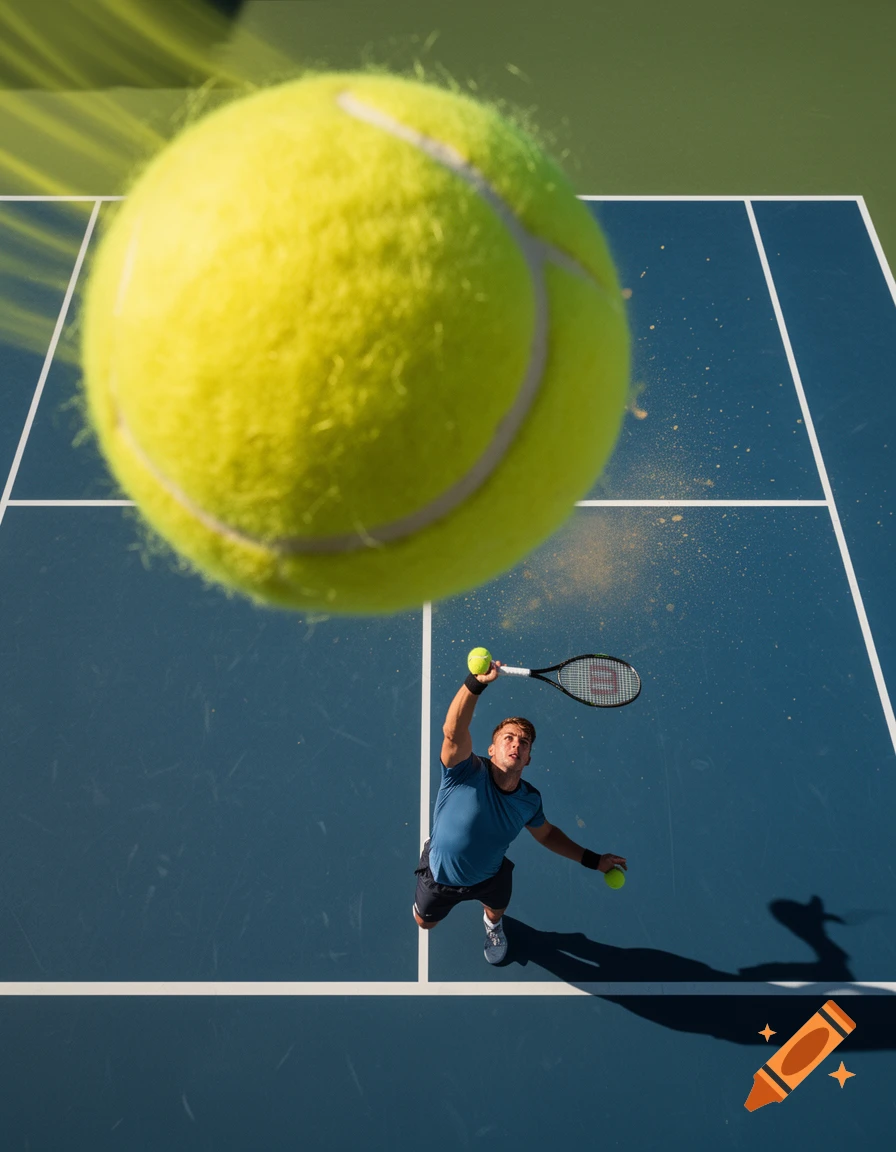 High-angle view of a tennis player serving on a blue court, with a large tennis ball in the extreme foreground.