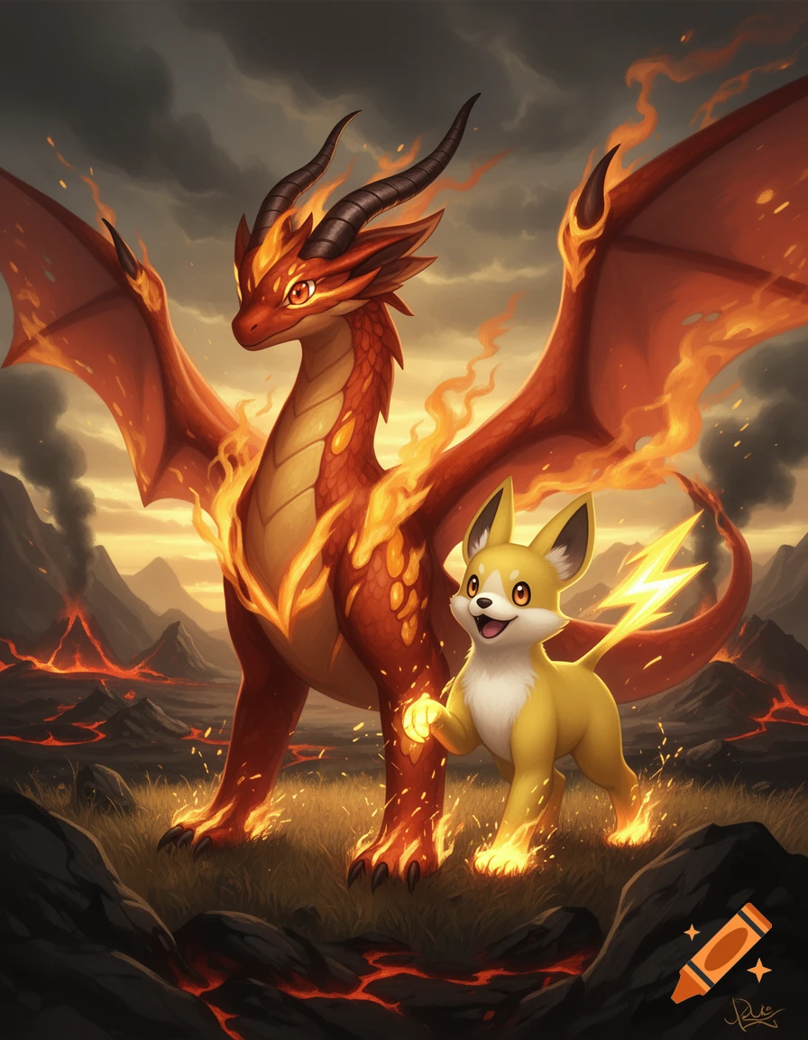 Digital illustration of a red fire dragon standing beside a yellow fox-like creature with a lightning tail in a volcanic landscape.