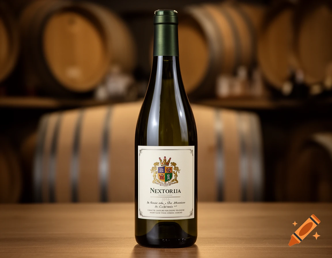 A wine bottle with a white and gold label standing on a wooden surface in a cellar with wine barrels in the background.