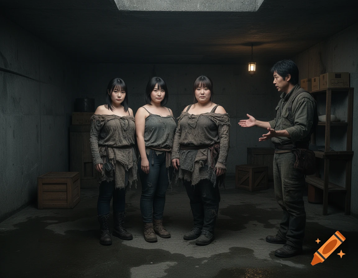 Photorealistic image of three women in tattered clothes and a man standing in an underground concrete room.