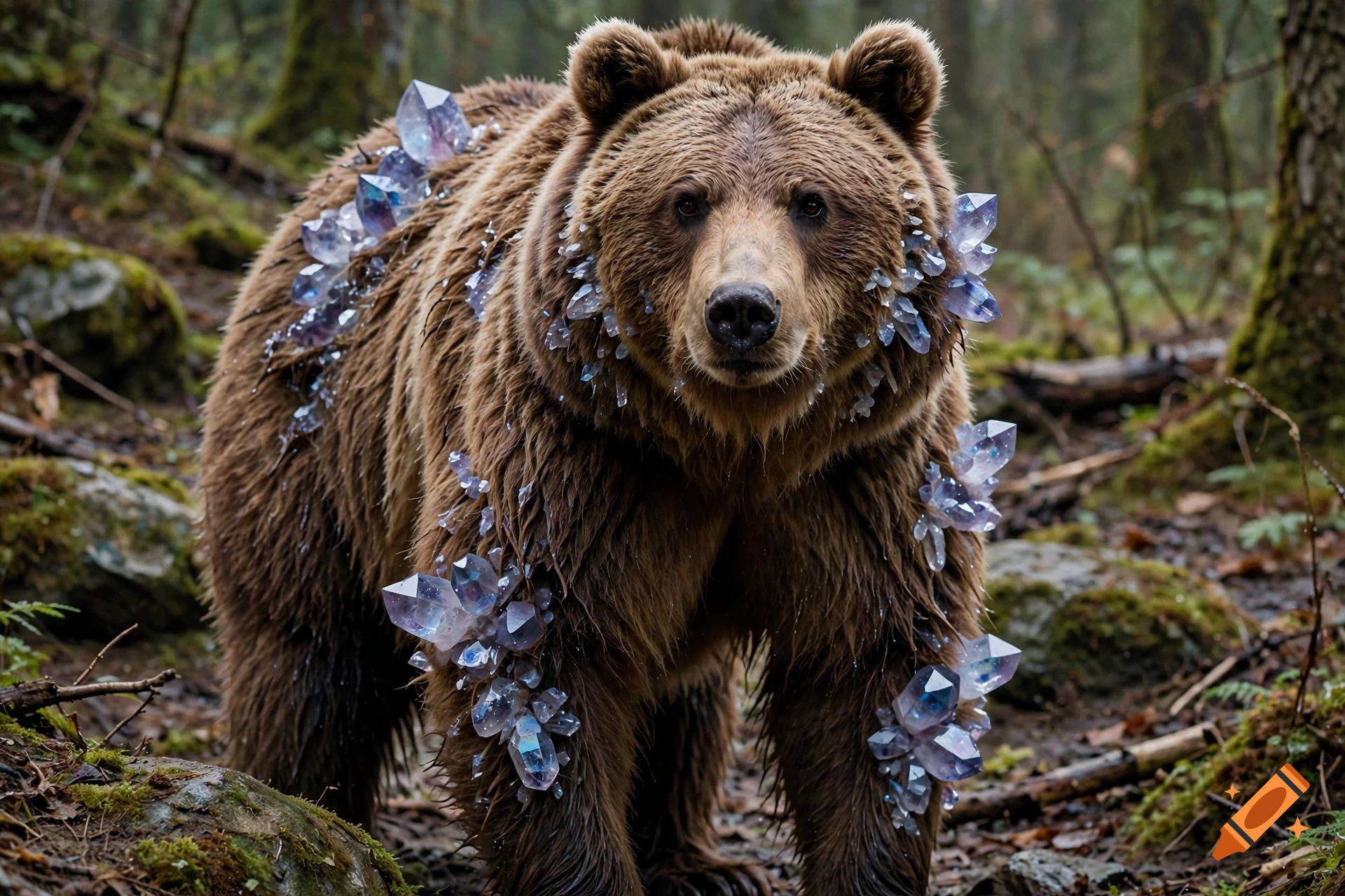 Photorealistic brown bear standing in a forest with translucent purple crystals growing from its fur and body.