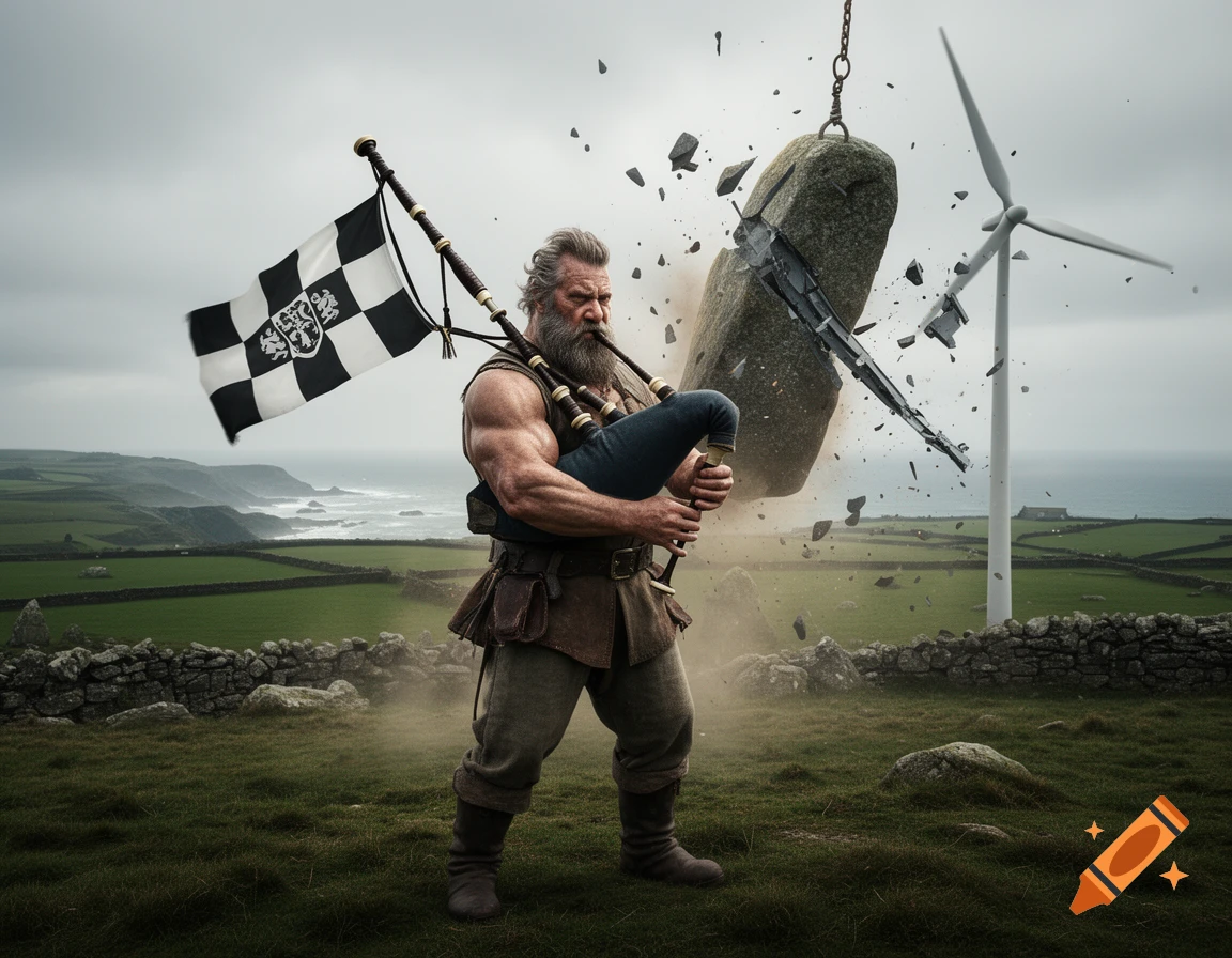 A muscular giant in a kilt plays bagpipes featuring a black and white checkered flag, while a massive stone shatters a wind turbine in the background, photorealistic style.