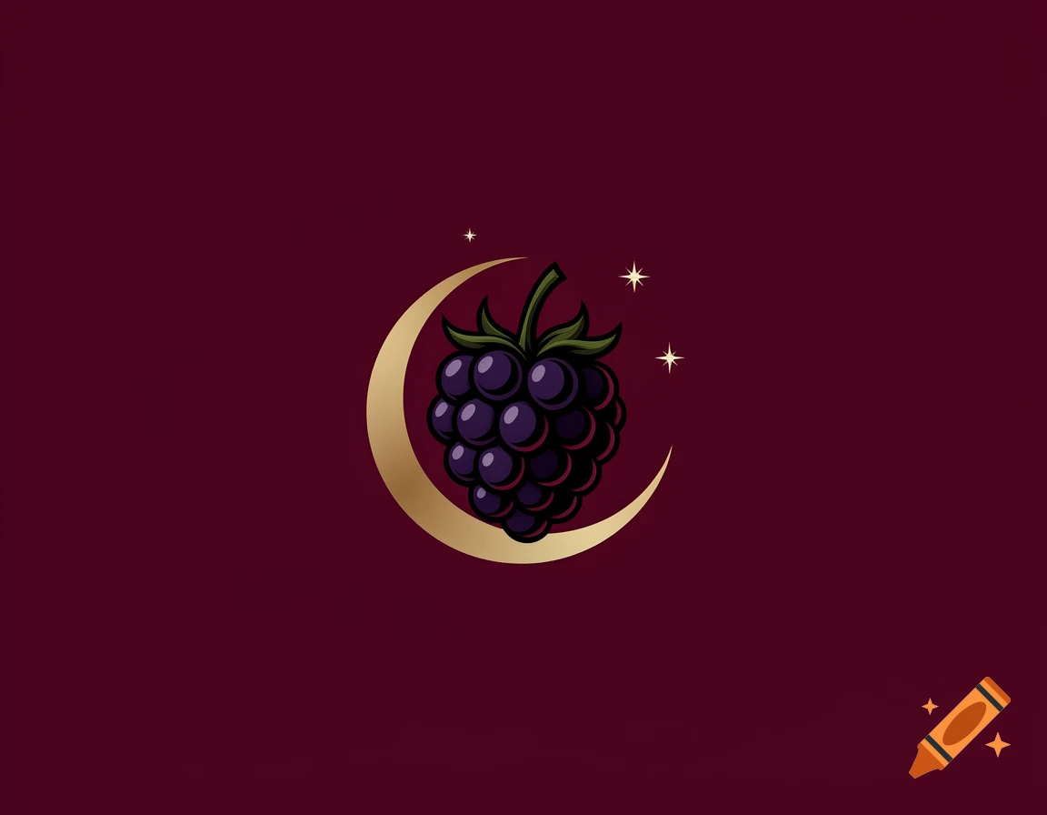 Illustration of a dark blackberry centered inside a golden crescent moon with small stars against a dark red background.