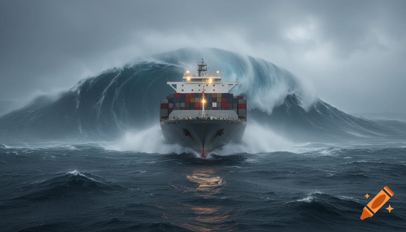 Photorealistic image of a large container ship navigating stormy seas in front of a massive tsunami wave.