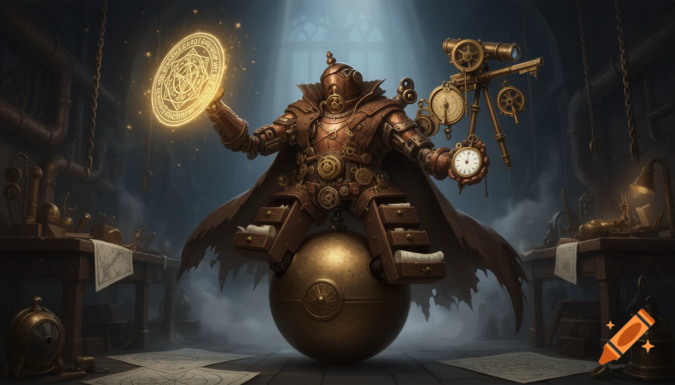 Dark steampunk fantasy concept art of a mechanical clank character balancing on a brass sphere in a Victorian workshop.