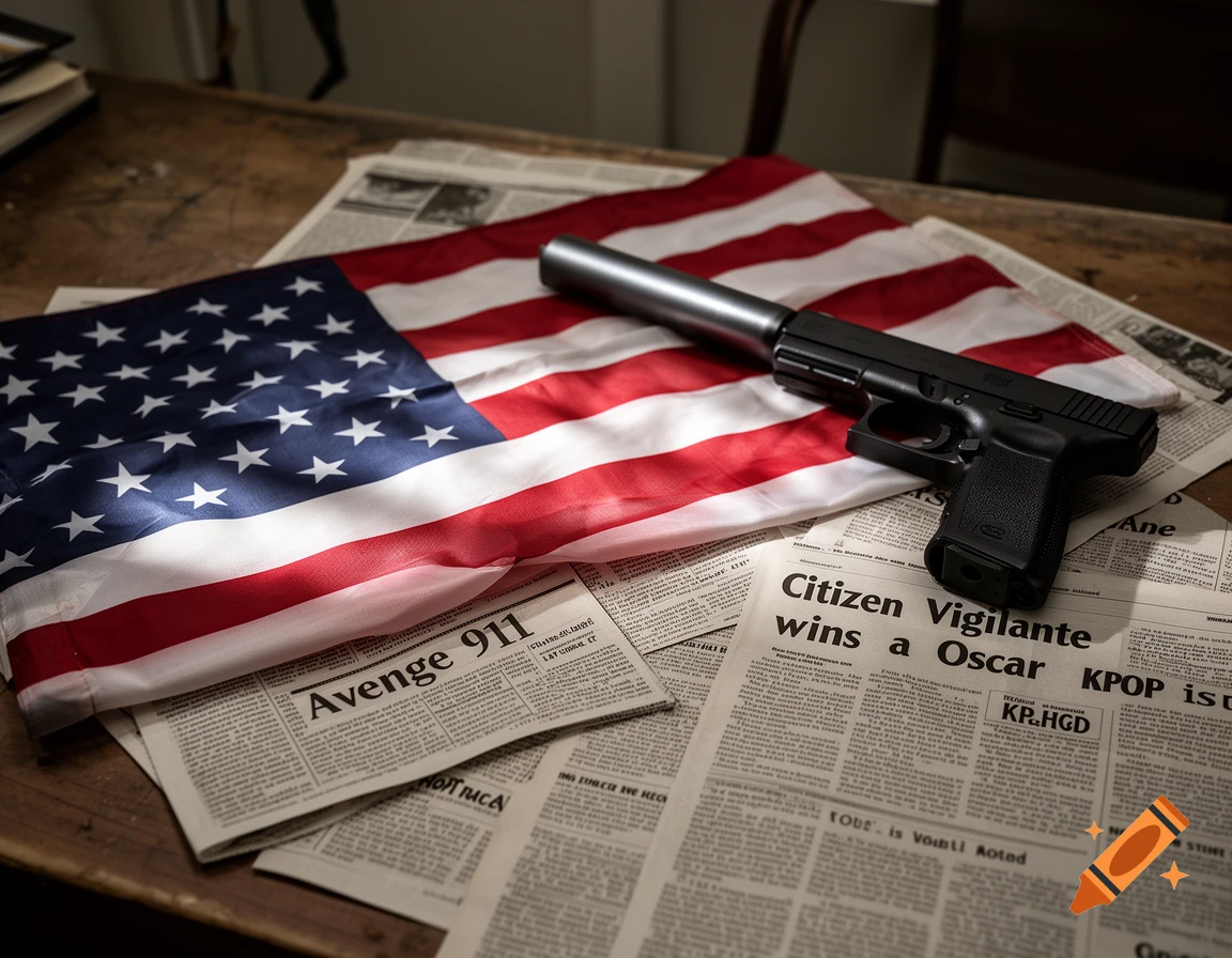 An American flag and a gun with a silencer resting on top of newspapers on a wooden table, photorealistic.