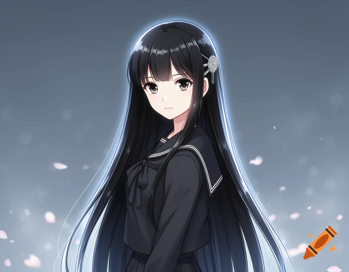 Anime girl with long straight black hair wearing a dark sailor uniform.
